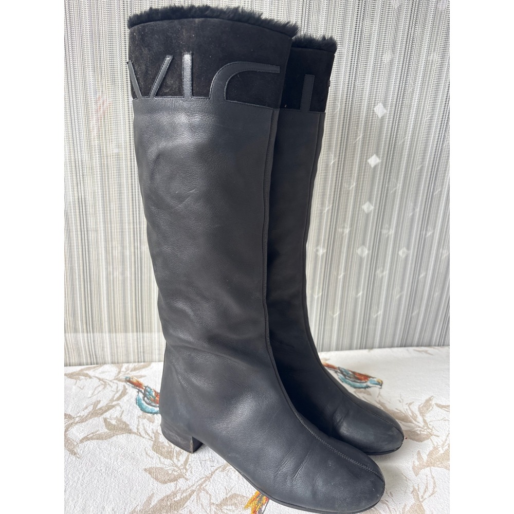Vicini 38.5 Black Leather Suede Fur Trim Knee High Boots Gold Zip Italy